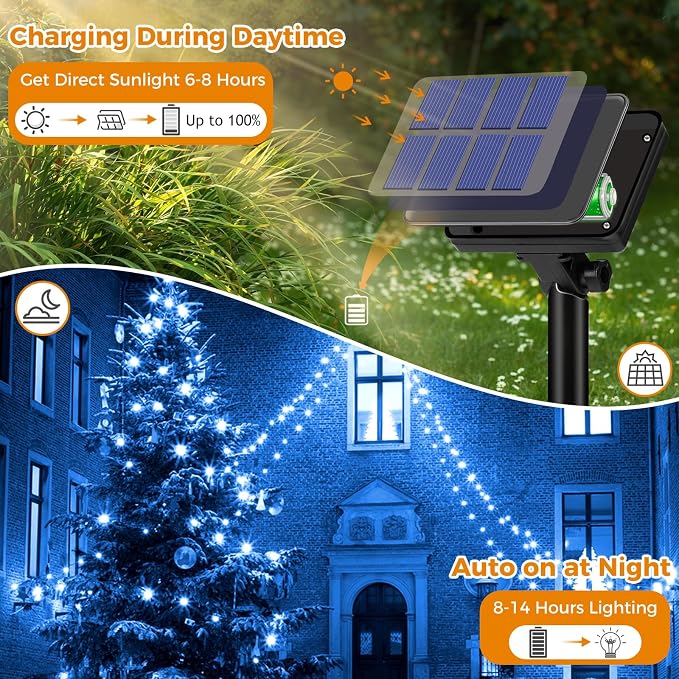 4 Pack Solar String Lights for Outside - 320LED 132FT Solar Fairy Lights Outdoor Waterproof 8 Modes, Copper Wire Solar Powered Twinkle Lights for Tree Garden Christmas Wedding Party Decor, Blue