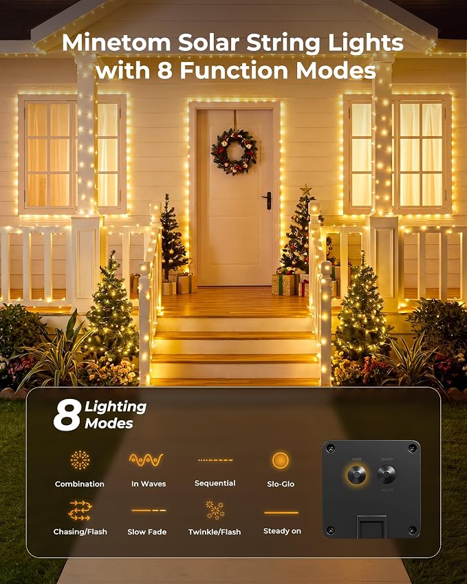 Minetom Solar String Lights for Outside, 6 Packs Total 198Ft 600 LED Outdoor Solar Fairy Lights, 8 Modes Balcony Lights for Tree Patio Christmas Party Wedding Decor (Warm White) | IP65 Waterproof Twinkle Lights with 8 Modes, Patio Lights for Tree Outsi...