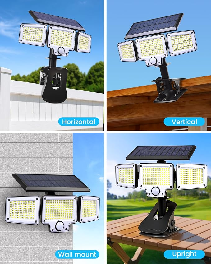 LUHLEE Clip On Solar Lights Outdoor, 275 LED 3000LM Solar Motion Lights with Remote Control, 3-Head Security Lights, IP65 Waterproof Solar Flood Lights for Deck, Garage & Outdoor Area Lighting (2)