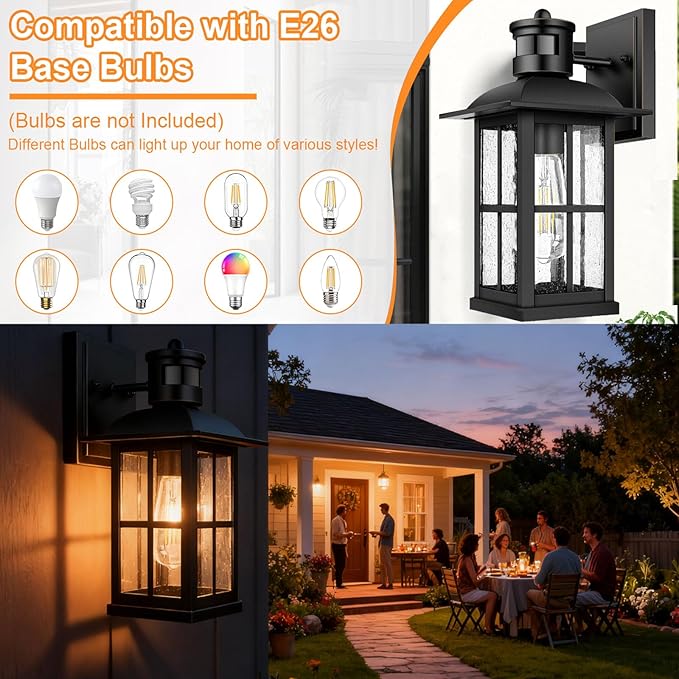 15inch Large Outdoor Wall Lights,Modern Black Exterior Lantern Wall Light Fixture with E26 Sockets & Tempered Glass,Waterproof Porch Wall Lighting for Garage,Garden