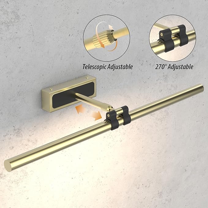 Brass Picture Light for Wall - 24inch Dimmable & Rechargeable Art Light with Extendable Arm, 25H Light Time, Angle Adjustable, 3 Color Temperatures Timer - Perfect for Paintings and Home Decor