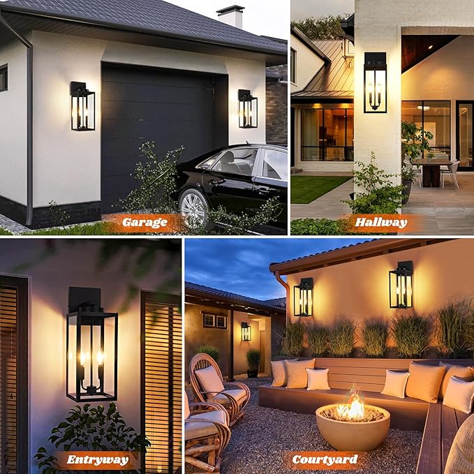 2-Pack 18inch Outdoor Light Fixtures, Waterproof Black Outside Wall Lanterns with Clear Glass, Anti-Rust Exterior Wall Sconces, Front Porch Lights for House Garage Doorway, Bulbs Not Included