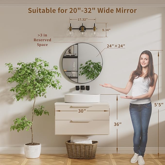 3 Light Bathroom Vanity Light, Brushed Gold and Black Vanity Lighting Fixtures, Bathroom Wall Mounted Sconces Vanity Lights Over Mirror with Globel Glass Shade, E26 Base