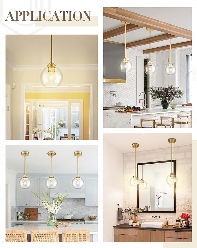Modern Polished Gold Pendant Light, Mid Century Globe Hanging Light Fixture with Clear Glass for Kitchen Island Dining Room Bedroom Hallway Foyer (2 Pack), PL101BG-2PK