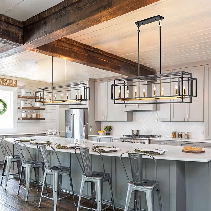 8-Light Kitchen Island Lighting, Black and Gold Rectangle Chandeliers for Dining Room, Metal Farmhouse Dining Room Light Fixtures Over Table, Linear Chandelier with Brushed Brass Socket