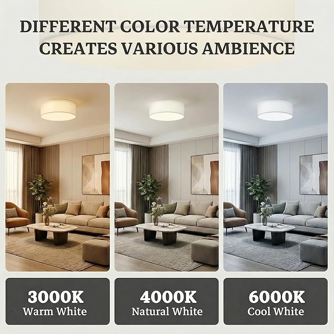 Flush Mount Ceiling Light, 16'' Modern Close to Ceiling Lamp with White Fabric Drum Shade, 3-Light Semi Flush Mount Ceiling Light Fixture, Farmhouse Ceiling Light for Bedroom Living Room