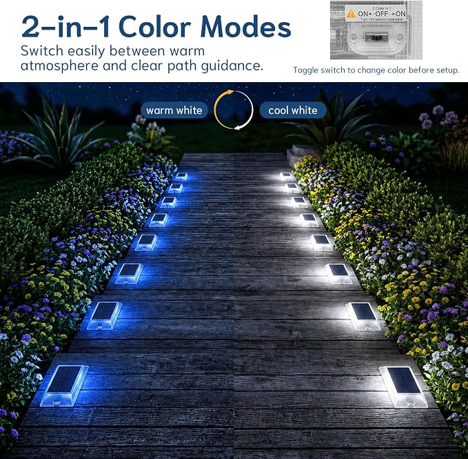 Solar Step Lights Outdoor, 2 Colors in 1 LED Stair Lights | 6 Pack Waterproof Screw Mount Deck Step Lights for Stairs, Patio, Garden, Walkway (White/Blue)