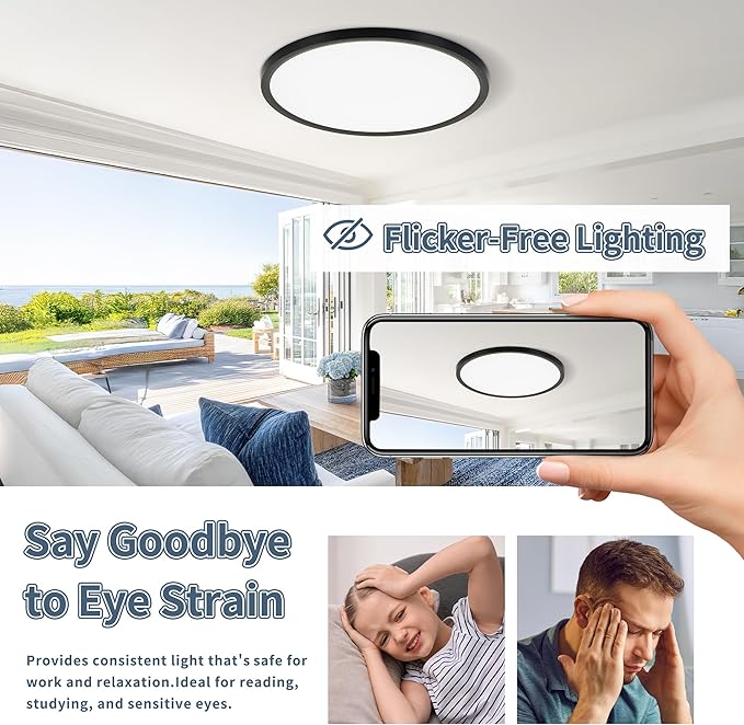 8.6 Inch 6PK LED Flush Mount Ceiling Light, ETL ,18W, 1822LM, 3000K/3500K/4000K/5000K/6500K CCT Selectable, 0.66in Ultra Thin Round Flat Panel Ceiling Light Fixture for Bedroom, Kitchen, (Black)