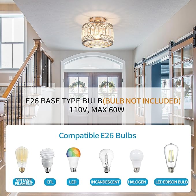 Crystal Ceiling Light Fixture, Modern Semi Flush Mount Ceiling Light,Crystal Chandelier for Kitchen Bedroom Bathroom Entryway Nickel Finish (Bulb not Included)