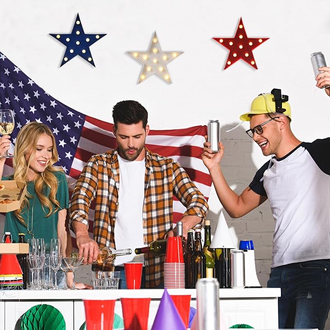 Tujoe 3 Pcs 4th of July Star Shaped Lights LED Independence Day Signs Red White and Blue Patriotic Star Centerpieces for Tables Indoor Outdoor 250th Independence Day Party Decorations(Glitter)