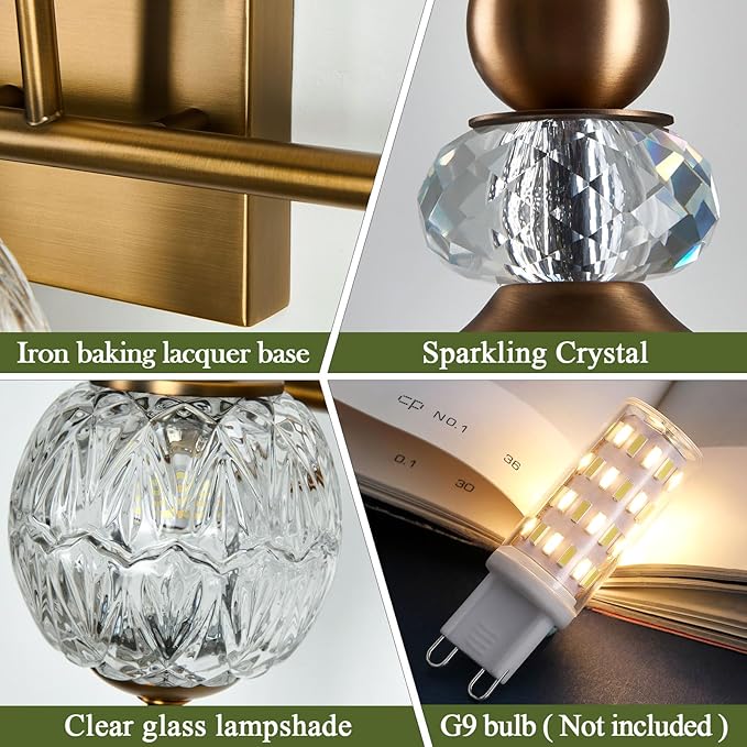Piepooye Vintage Bathroom Lights Fixtures Gold Vanity Light with Glass Globe LampShade 5 Light Brushed Brass G9 Bulb Wall Sconce Antique Indoor Vanity Light Over Mirror for Kitchen Bedroom Living Room