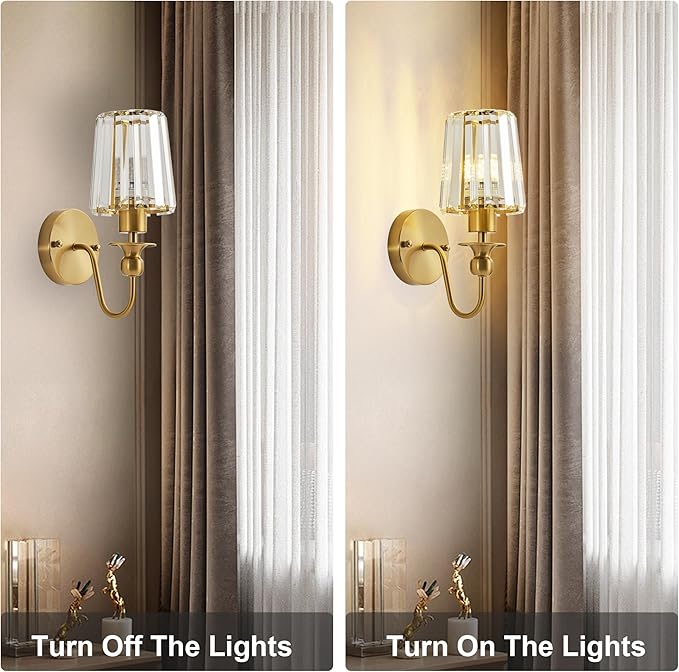 KARTOOSH Hardwired Crystal Wall Sconces Set of Two - Dimmable Wall Light Fixtures 3000K, Warm White, for Hallway, Bathroom, Living Room, Bedroom, Brass, 11.2 Inch
