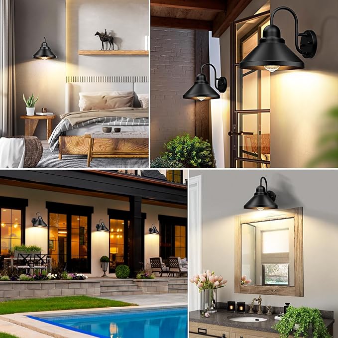 Brightever Gooseneck Outdoor Wall Sconces, 2-Pack Large 10.23IN Farmhouse Barn Lights for Porch, Industrial Black Exterior Wall Lights for Garage, Patio, E26 Base Anti-Rust, Bulb not Included