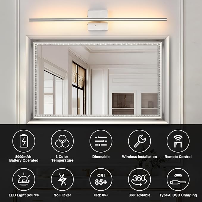 Morauroral Battery Operated Wall Sconces Set of 2, Dimmable Battery Wall Sconce with Remote Control, Sand-Nickel LED Rechargeable Sconces, 24 Inch Modern Wireless Wall Lights for Bedroom, Living Room