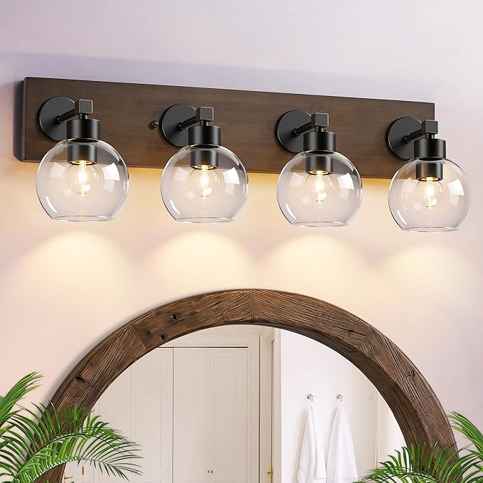 Farmhouse Bathroom Vanity Light Fixtures, Bathroom Light Fixtures Over Mirror,4-Light Rustic Black Wood Wall Sconces, Vintage Vanity Light for Bathroom with Clear Glass Shade (Black, 4-Light)