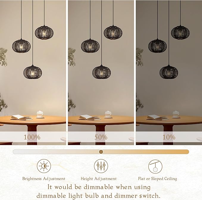 12" Boho Black 3-Light Boho Chandeliers for Kitchen Island Hand-Woven Boho Rattan Chandeliers Dimmable Adjustable Hanging Wicker Chandelier for Dining Room Living Room（Bulb Incl.）