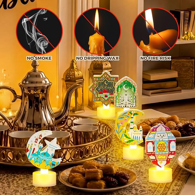 Handepo 15 Pcs Mini Ramadan Lantern Mubarak Tea Light Colorful Eid Flameless Candle with Moon Star Mosque Design LED Battery Operated Ramadan Table Decor Gift for Party Kitchen Home Indoor Outdoor