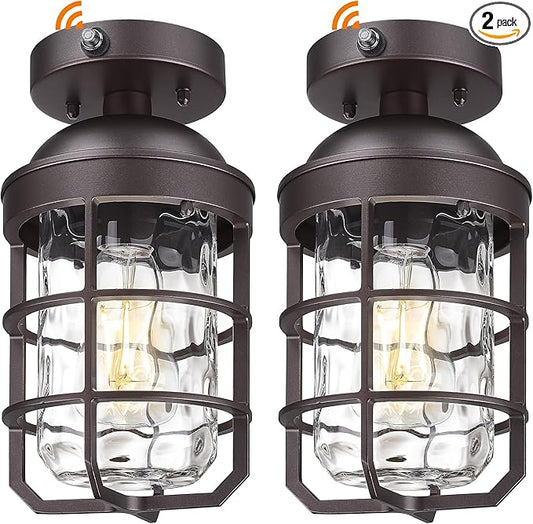 Emliviar 11" Light Fixtures Ceiling Semi Flush Mount with Water Ripple Glass Shade, Set of 2 Dusk to Dawn Oil Rubbed Bronze Metal Frame Ceiling Lights, GE255LF-PC-2 ORB-WG