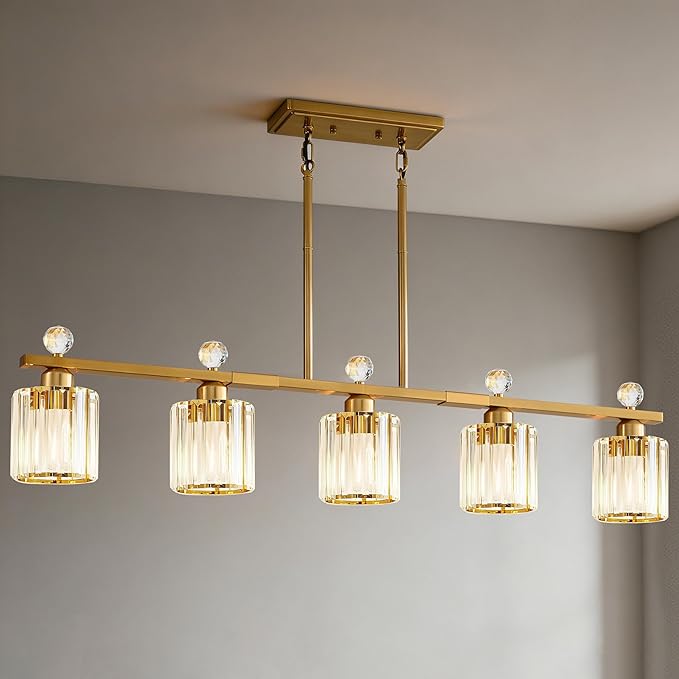 Modern Dining Room Light Fixture Over Table, Crystal Pendant Lights Kitchen Island, Chandeliers for Dining Room Kitchen Light Fixtures (E26) 5-Light Gold