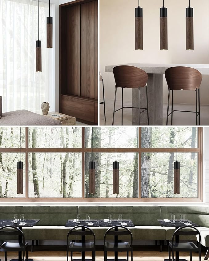ELYONA LED Pendant Lights for Kitchen Island Walnut Wood Grain & Matte Black Metal, Modern Cylinder Pendant Light Fixtures for Dining Room Bedroom Office, GU10 Bulbs Included Adjustable Height, 3 Pack