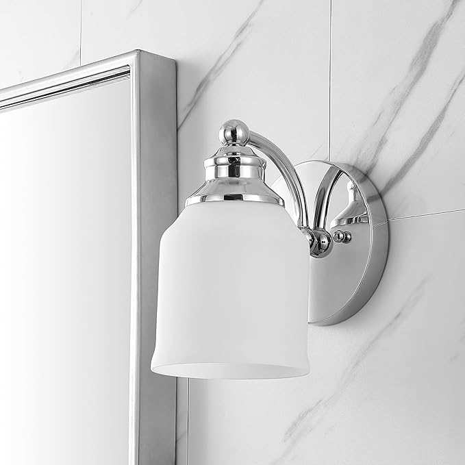 JONATHAN Y 7.5" Chrome Modern Farmhouse LED Vanity Light Wall Sconce Fixture, Frosted White Glass Shade, Dimmable Wall Lamp for Bathroom Mirror Kitchen Sink, UL Listed JYL7549A