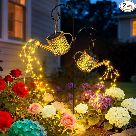 2 Pack Solar Watering Can, Metal Solar Lights Outdoor Waterproof, Hanging Lantern Decoration for Yard Outside Patio Lawn, Gardening Gifts for Women Mom Grandma