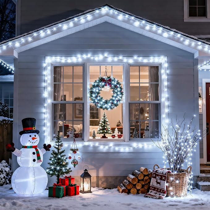 JMEXSUSS Christmas Lights, 8 Modes Waterproof Christmas Light Outdoor Plug in, Clear Wire String Lights Indoor Bedroom 500LED White 163ft