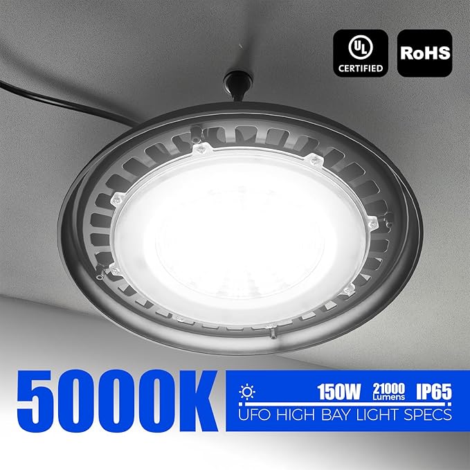 Barrina UFO LED High Bay Light, 150W 21000LM, High Bay LED Shop Lights for Warehouse, 5000K, IP65 Waterproof with 5.9FT Cable US Plug, Commercial Lights for Workshop Factory Barn, 2 Packs, UL Listed