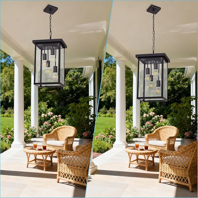 LOUSACE 16'' Outdoor Pendant Light Oil Rubbed Bronze 4-Light Large Outside Pendant Porch Lights Ceiling Haninging Outdoor Chandelier with Clear Glass Exterior Lighting Fixtures for Front Door Entryway