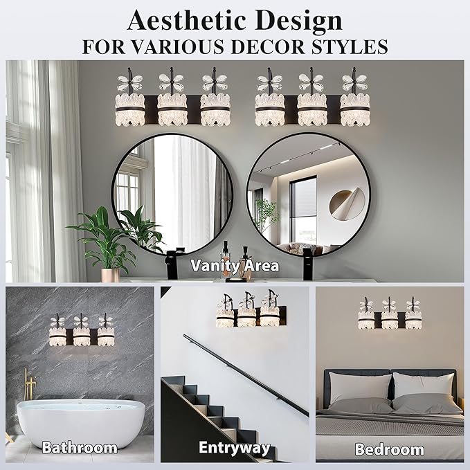 Bathroom Lights Over Mirror - Makeup Lighting Black - Bathroom Vanity Light with Acrylic Shades for Bath, Makeup Desk, Farmhouse, Hallway, 3-Light