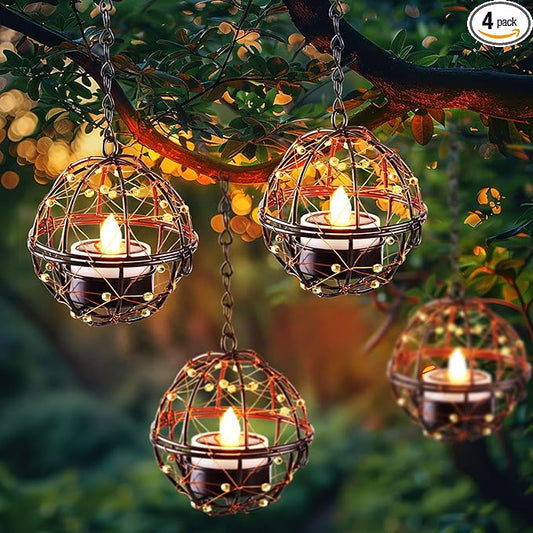 Homemory Solar Tea Lights Outdoor Waterproof Hanging Lanterns, Beaded Copper Wire Ball Holders with Solar Powered Tea Lights Candles, Ideal for Patio, Garden, Backyard, Pergola, Tree, Fence, 4-Pack
