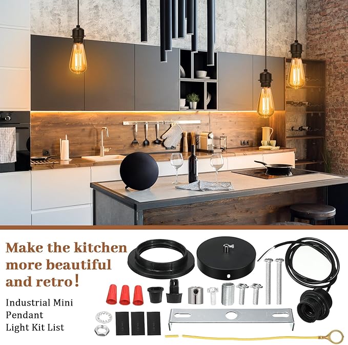 Retisee 12 Pack Industrial Mini Pendant Light Kit Bulk Mini Ceiling Hanging Light Fixtures E26 Lamp Socket Vintage Black Cord Pendant Light Fixtures Adjustable DIY Hanging Lamp Kit for Kitchen Bedroom