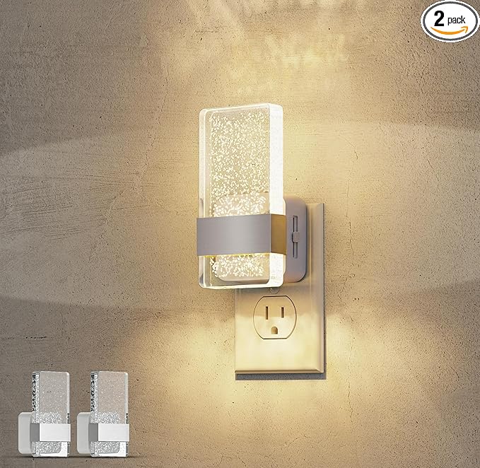 L LOHAS LED Night Light, Dimmable Night Lights Plug into Wall, 2 Pack Acrylic Silver Nightlight with Light Sensor, 0-100LM Automatic Plug in Nightlight for Bathroom, Hallway, Stairway, Gift