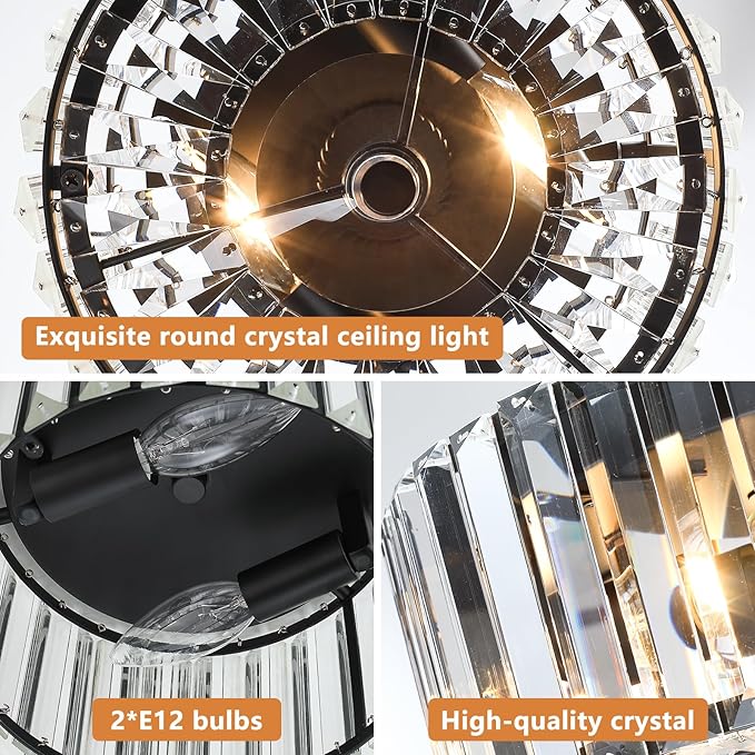 Small Crystal Ceiling Light, Modern Semi Flush Mount Ceiling Lighting Fixture, Black Small Chandelier Light Fixture, Entryway Light Fixture for Kitchen Hallway Bathroom, 2-Light, XDD007-1-BK