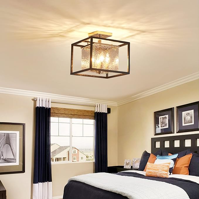 AGV LIGHTING CL015 Semi Flush Mount Ceiling Light Fixture, Close to Ceiling Light, 4-Lights E12 Base, Hazy Textured Glass Shade, Matte Black & Shine Gold Finish