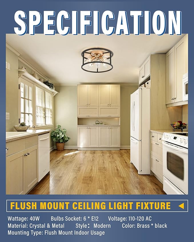 Close to Ceiling Lights - Crystal Ceiling Light Fixture 12-inch Flush Mount Ceiling Lights - E12 Hallway Light - Black and Gold Frame, C1879-R