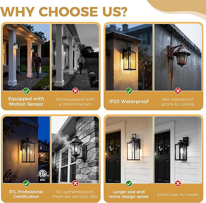 DORESshop Large Size Motion Sensor Outdoor Wall Lights, 16 Inch Matte Black Waterproof Anti-Rust Outdoor Light Fixtures Wall Mount with Clear Glass Shade for Porch, Garage, ETL Listed, 2 Pack