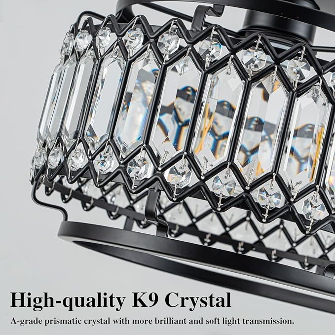 Modern Black Crystal Flush Mount Ceiling Light with LED Bulb (50% Brighter) – 11.4" Dimmable Chandelier for Dining Room, Bedroom – Reinforced Iron Frame & K9 Crystals – Easy Install