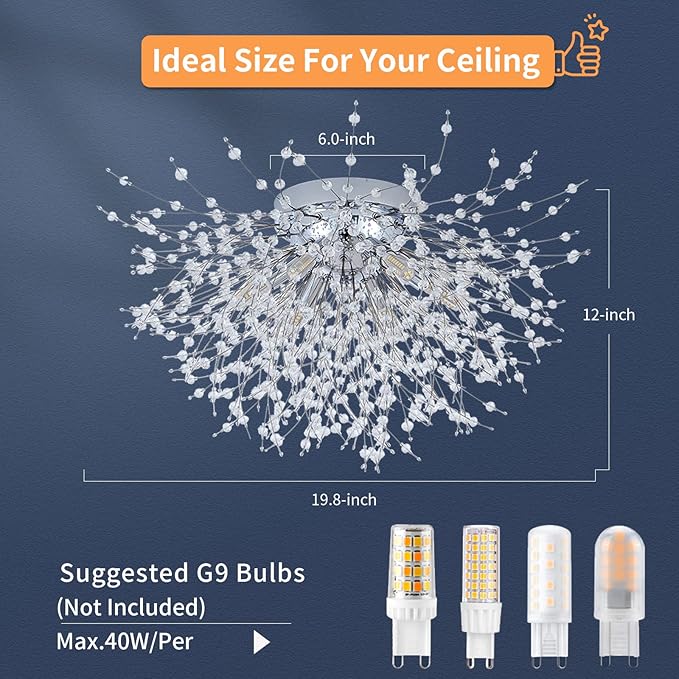 CM MZY Chrome Firework Flush Mount Ceiling Light Fixture, Modern Crystal Sputnik Firework Ceiling Lights, 6-Light Close to Ceiling Lighting Fixtures for Bedroom Kitchen Hallway Entryway
