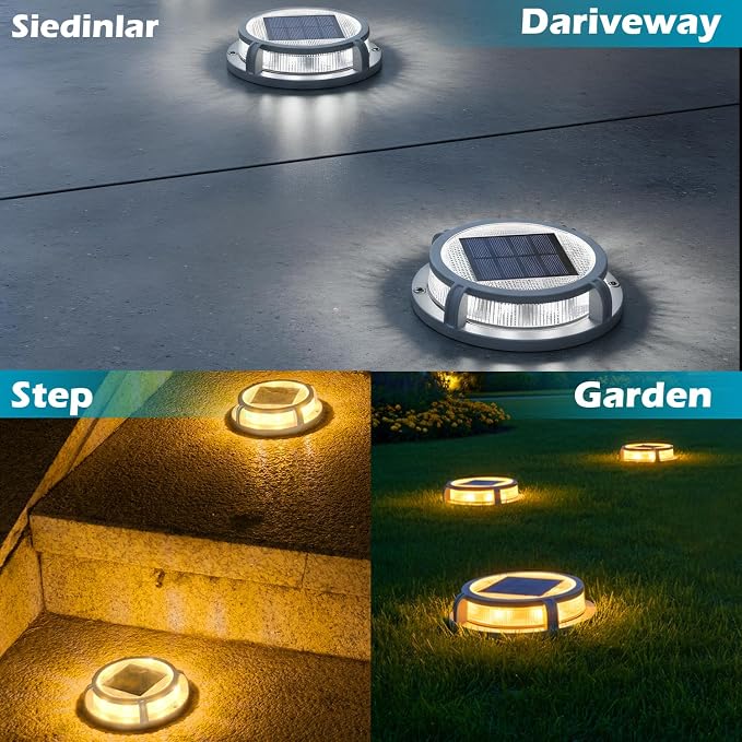 SIEDiNLAR Solar Deck Lights Outdoor 2 Modes 16 LEDs Driveway Markers Dock Light Solar Powered Waterproof for Step Ground Pathway Walkway Stair Garden Road Yard 1 Pack (Cool White/Warm White)