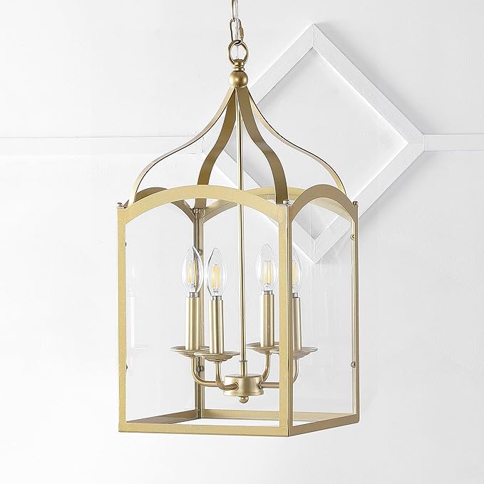 JONATHAN Y 11" Antique Gold 4-Light Traditional Lantern Pendant Light, Metal and Clear Glass Shade, Classic Chandelier for Foyer, Kitchen Island, LED Bulbs Included (JYL7403C)