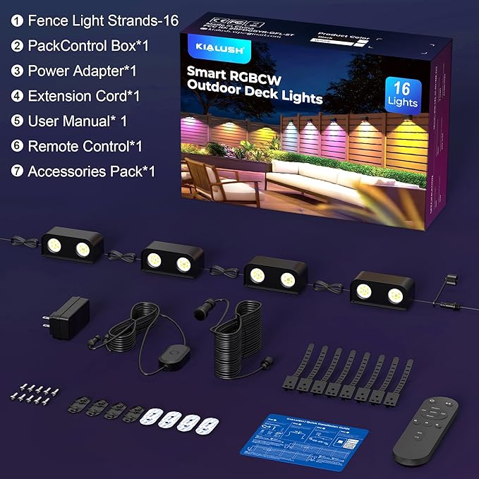 Outdoor Deck Lights, 16 Lights Smart Fence Lights Compatible with Alexa & Google Home, IP65 LED Patio Deck Lighting with Remote, Fence Lighting Music Sync for Patio Yard Garden(104.8ft)