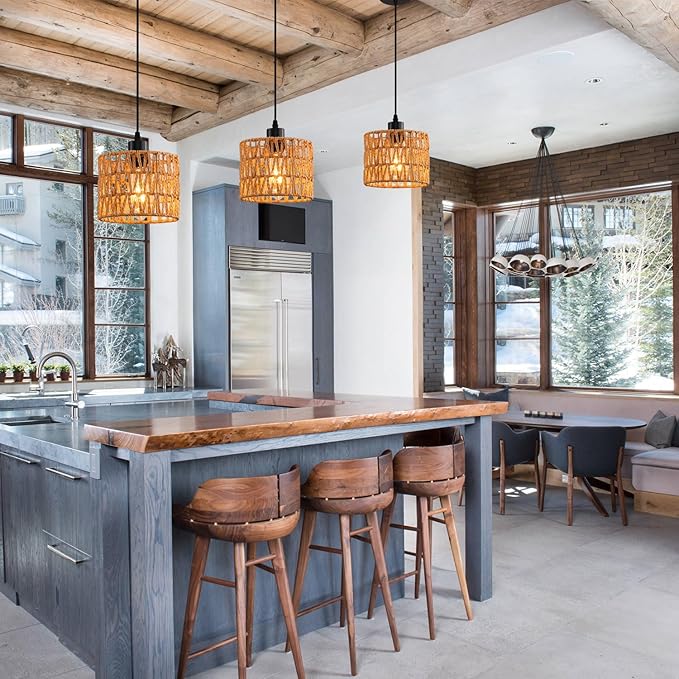 Woven Pendant Light Boho Chandelier, Rattan Pendant Lights Kitchen Island, Farmhouse Pendant Lighting with Hand Woven Wicker Shade, Boho Chandelier Light Fixtures Ceiling Hanging Light