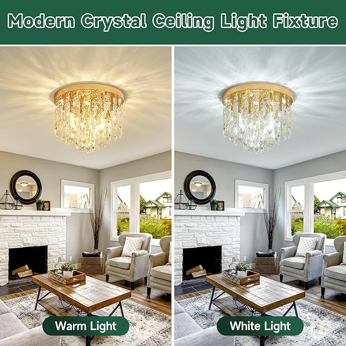 YMP&YZX Small Crystal Chandelier for Low Ceiling,11.8" French Gold Modern Crystal Chandelier with E12 Base Lights for Bedroom Living Dining Room Hallway Closet Light Fixture Flush Mount 3 Light