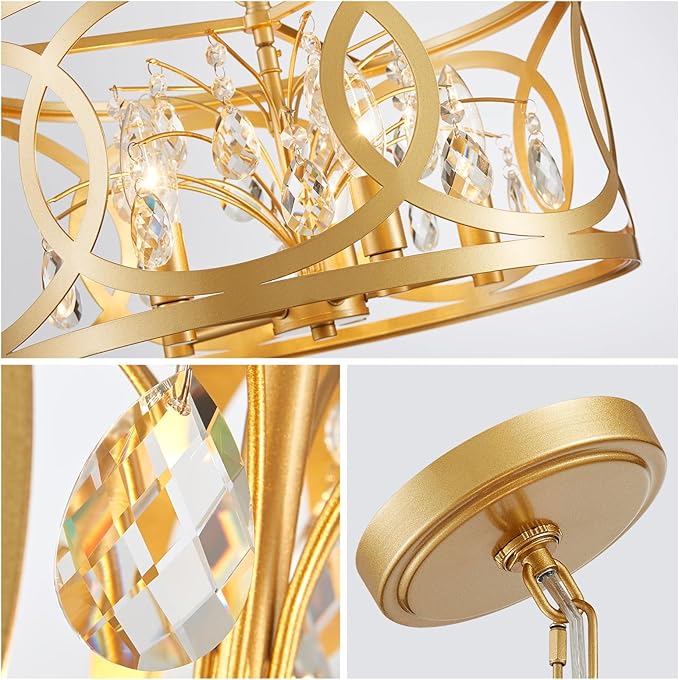 WUZUPS Crystal Chandelier 5-Light Vintage Farmhouse Pendant Ceiling Light Lighting Fixture for Foyer Diningroom Bedroom Hallway Storage Kitchen Bathroom, H 8.3" W 16.1", E12 Base, Gold