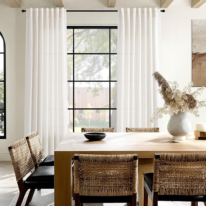 Ivory White Linen Curtains for Living Room 98 Inches Long Light Filtering Semi Sheer Curtain Back Tab Rustic Luxury Neutral Modern Farmhouse Decor Drapes for Bedroom Dinner Room 52x98, 2 Panels