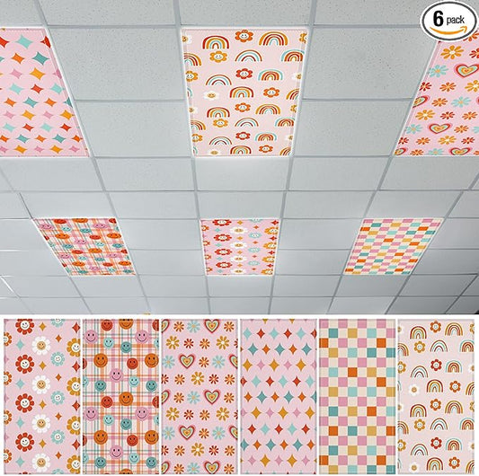 QOUBAI 6 Pcs Fluorescent Light Covers, 4x2 Feet Magnetic Light Cover Fluorescent Lights Shade Panel Positive Inspirational Ceiling Lights Filters for Office Classroom Home Drop Ceiling Boho