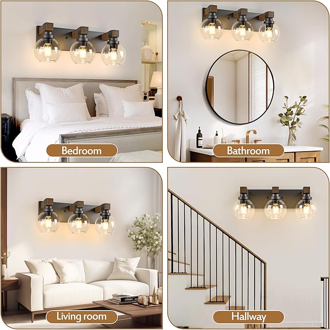 Farmhouse Bathroom Vanity Light Fixtures, 3-Light Wood Bathroom Light Fixtures Over Mirror, Rustic Vanity Lighting with Glass Shade for Living Room, Bedroom, Hallway