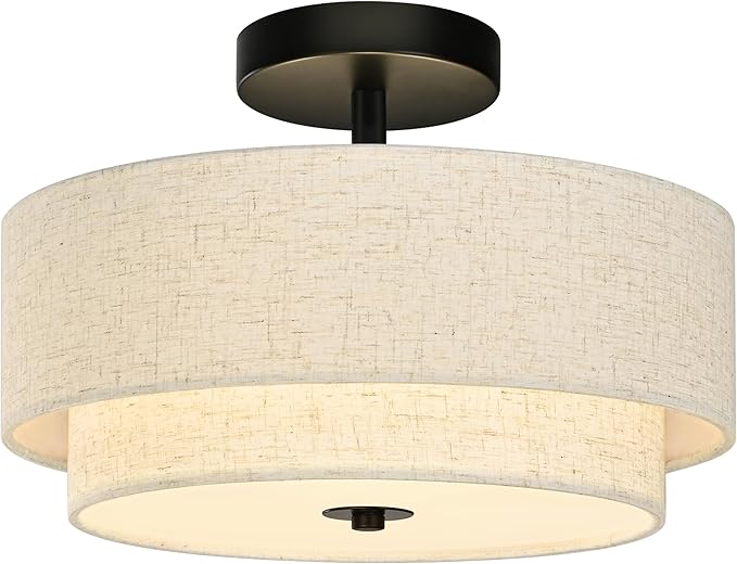 2 Light Semi Flush Mount Ceiling Light Fixture 12.6 Inch Modern Black Drum Ceiling Light Fixture with 2-Layer Fabric Shade Dimmable Close to Ceiling Light for Living Room Hallway Bedroom Entryway