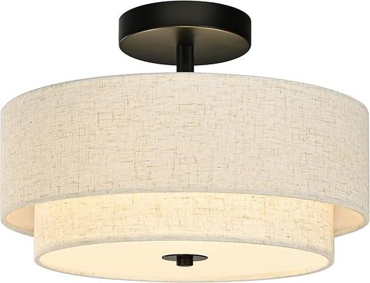 2 Light Semi Flush Mount Ceiling Light Fixture 12.6 Inch Modern Black Drum Ceiling Light Fixture with 2-Layer Fabric Shade Dimmable Close to Ceiling Light for Living Room Hallway Bedroom Entryway